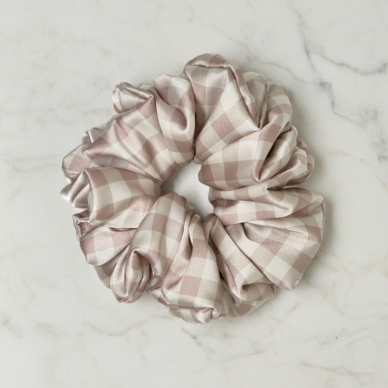 Ręcznie szyta satynowa scrunchie - Krata Vintage Pudrowa